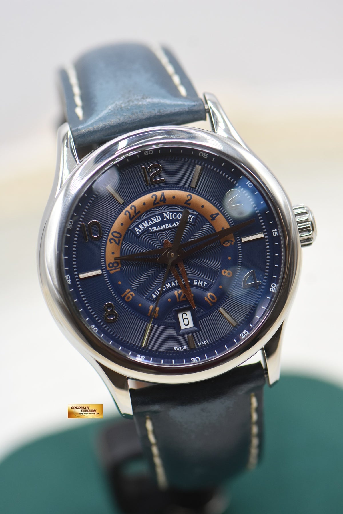 ARMAND NICOLET GMT DATE 42mm STEEL IN STRAP BLUE AUTOMATIC A846AAA (LNIB)