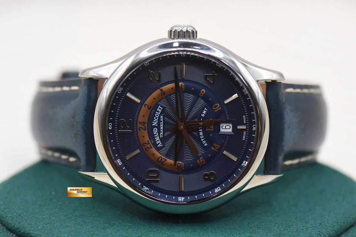 ARMAND NICOLET GMT DATE 42mm STEEL IN STRAP BLUE AUTOMATIC A846AAA (LNIB)