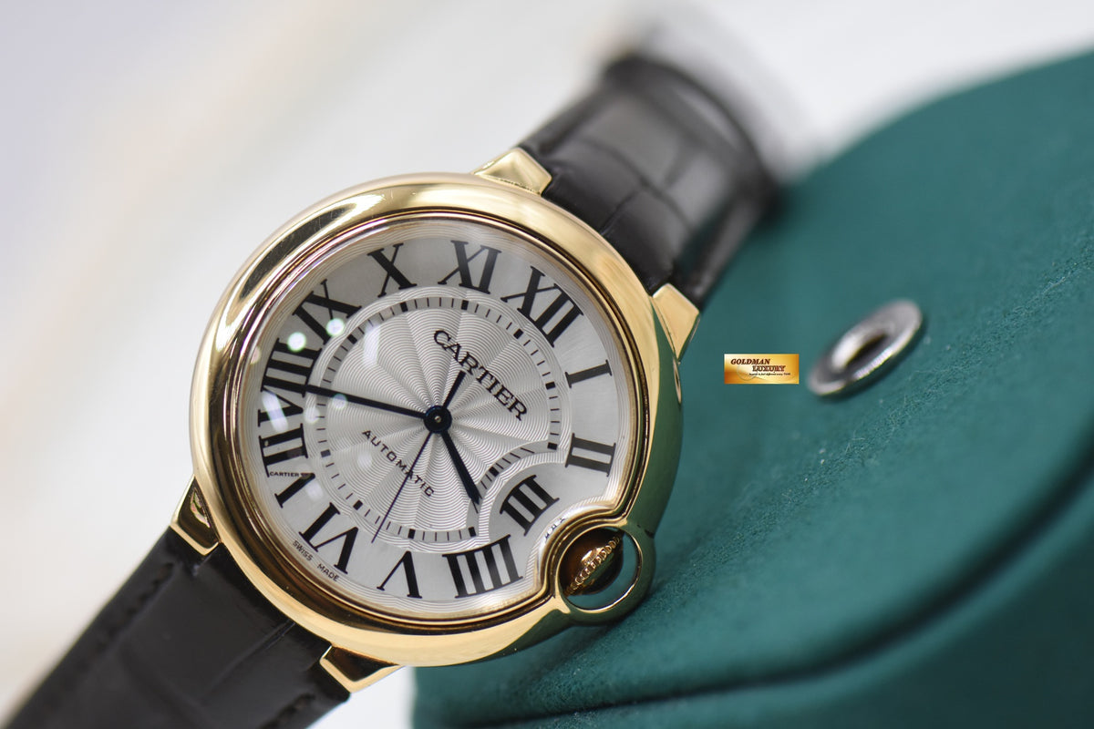 CARTIER BALLON BLEU 36mm YELLOW GOLD IN LEATHER STRAP AUTOMATIC W6900356 (MINT)