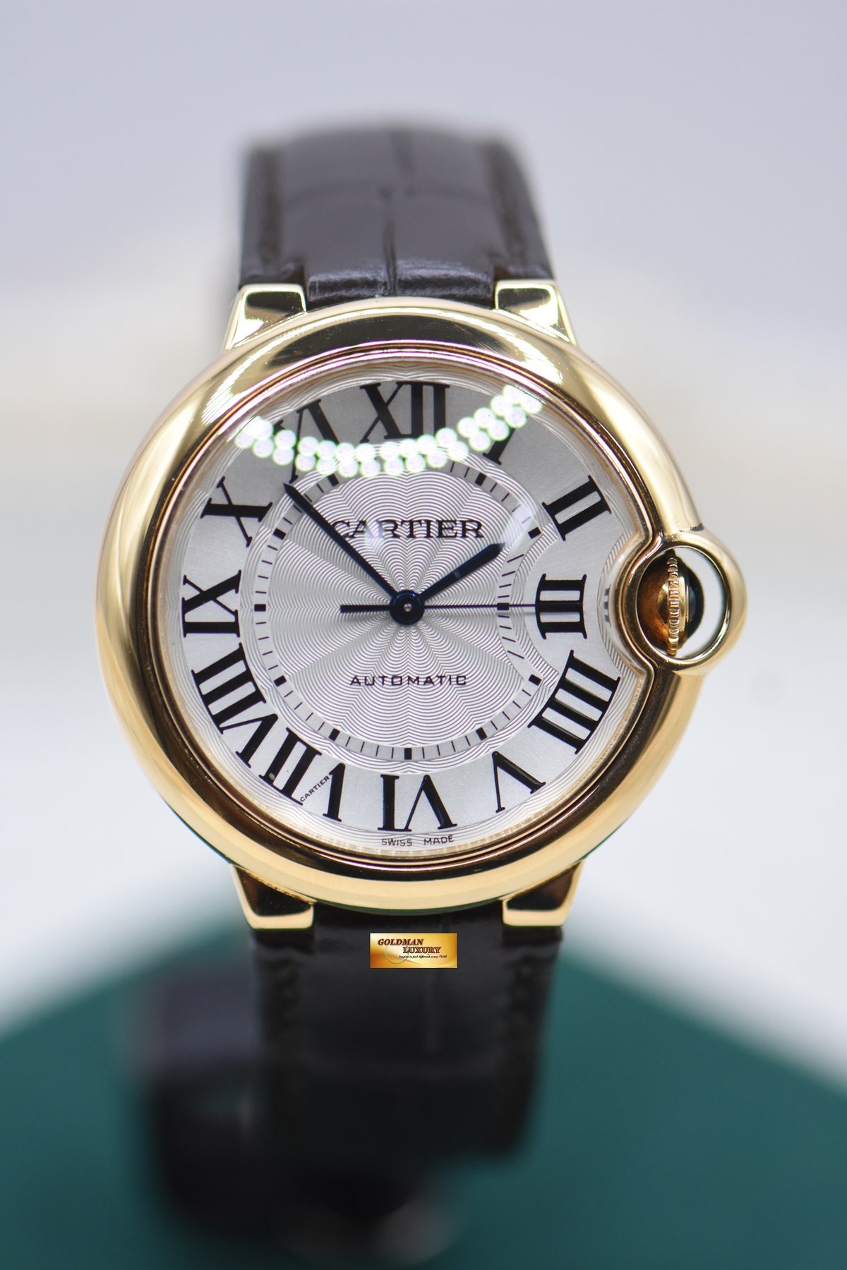 CARTIER BALLON BLEU 36mm YELLOW GOLD IN LEATHER STRAP AUTOMATIC W6900356 (MINT)