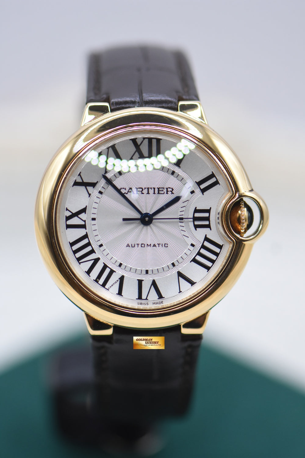 CARTIER BALLON BLEU 36mm YELLOW GOLD IN LEATHER STRAP AUTOMATIC W6900356 (MINT)