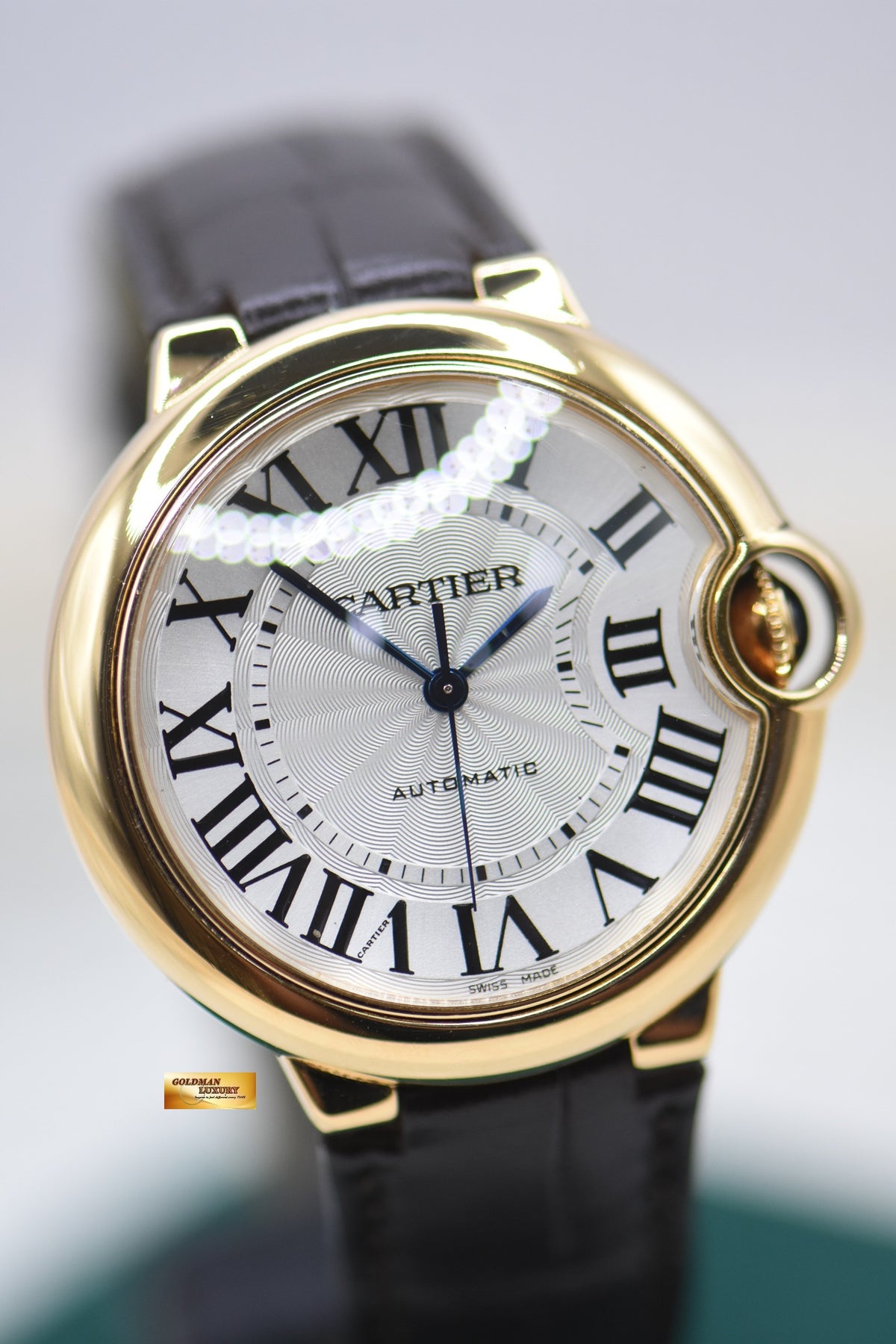 CARTIER BALLON BLEU 36mm YELLOW GOLD IN LEATHER STRAP AUTOMATIC W6900356 (MINT)