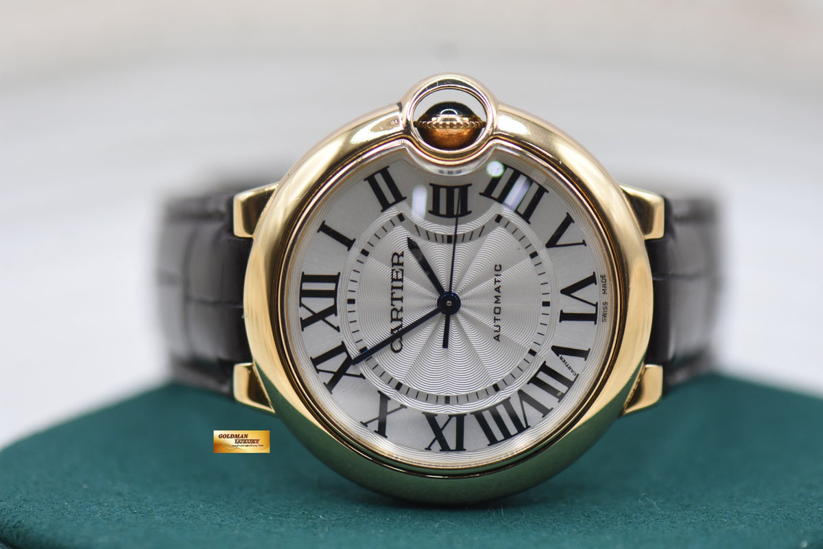 CARTIER BALLON BLEU 36mm YELLOW GOLD IN LEATHER STRAP AUTOMATIC W6900356 (MINT)