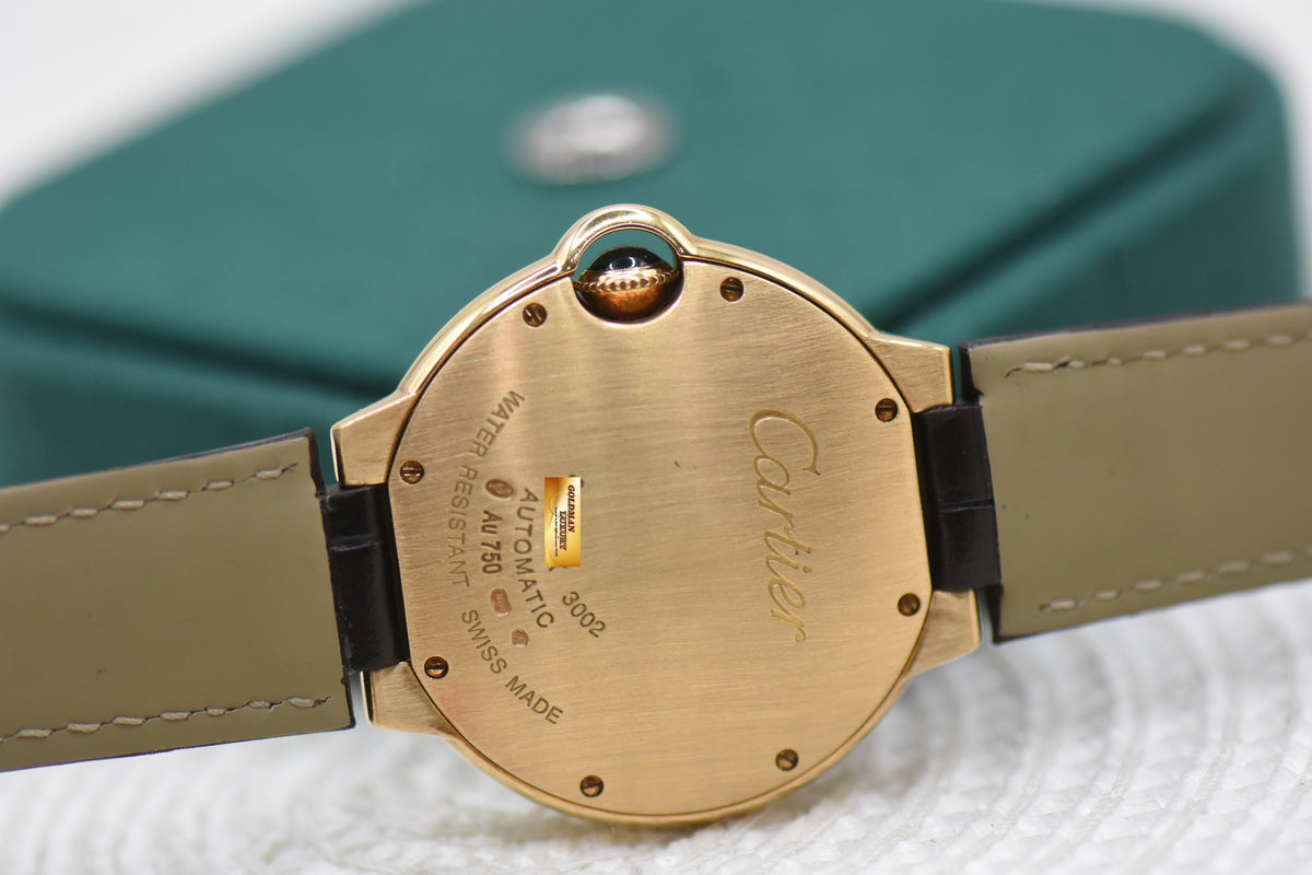 CARTIER BALLON BLEU 36mm YELLOW GOLD IN LEATHER STRAP AUTOMATIC W6900356 (MINT)