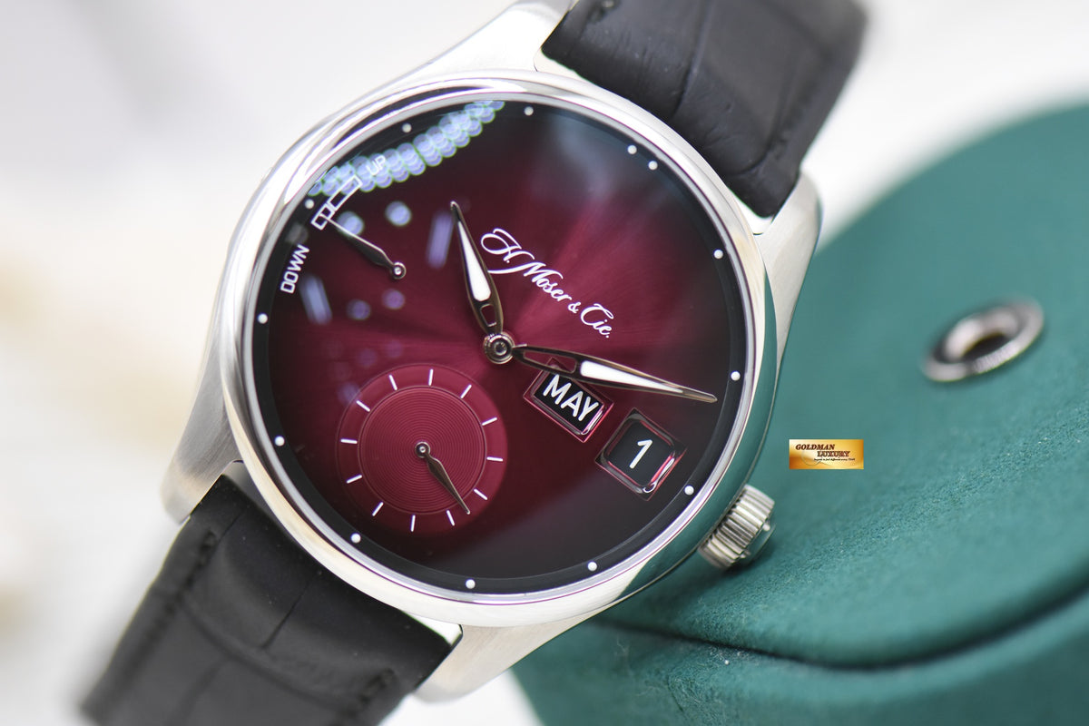 H MOSER & CIE PIONEER PERPETUAL CALENDAR 42.8mm STEEL IN LEATHER STRAP BURGUNDY RED DIAL 3808-1200 (NEW-UNWORN) (LIMITED EDITION OF 50pcs)