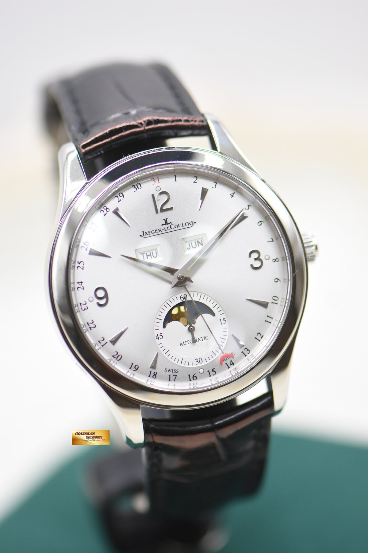 JLC MASTER CONTROL CALENDAR MOONPHASE 40mm STEEL IN LEATHER STRAP AUTOMATIC Q1558420 (MINT)