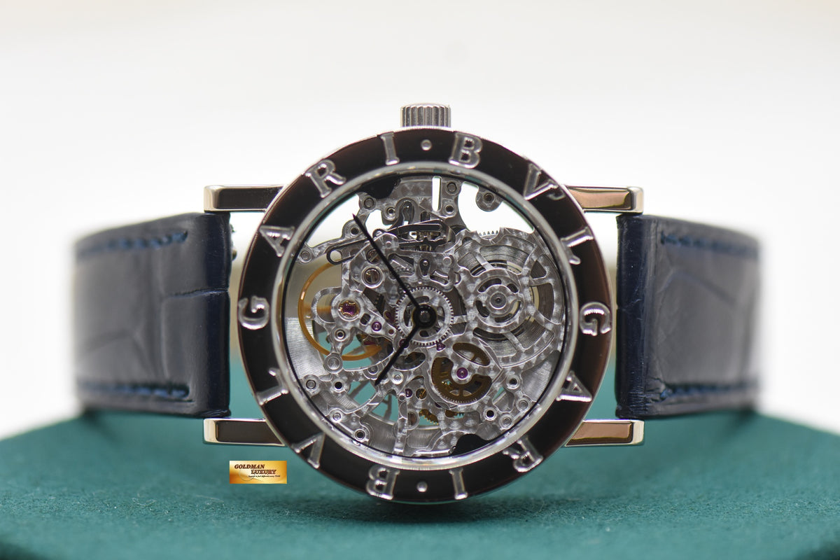 BVLGARI BVLGARI SQUELETTE SKELETON DIAL WHITE GOLD IN LEATHER AUTOMATIC BB33GLSKW (MINT)
