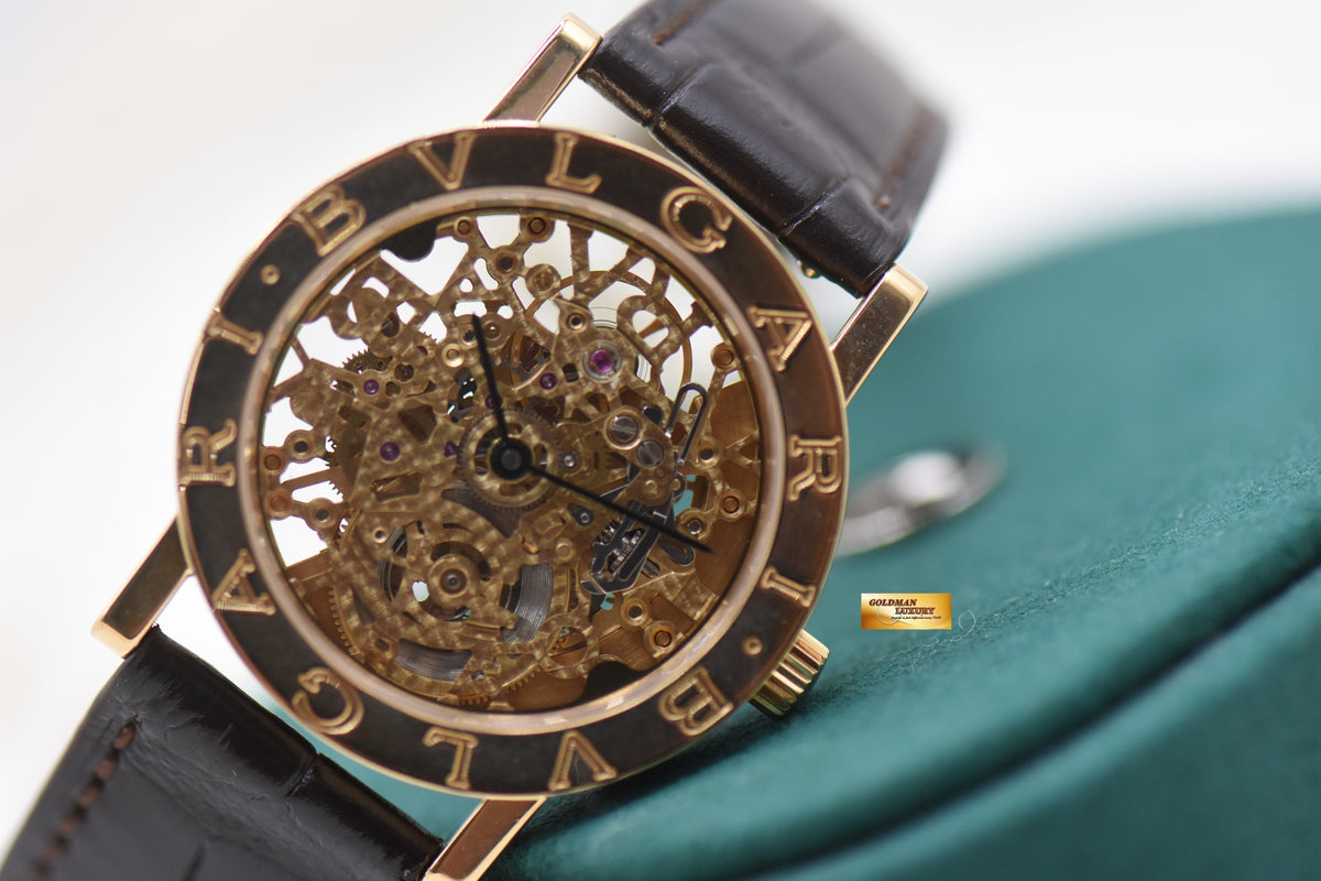 BVLGARI BVLGARI SQUELETTE SKELETON DIAL YELLOW GOLD IN LEATHER AUTOMATIC BB33GLSKP (MINT)