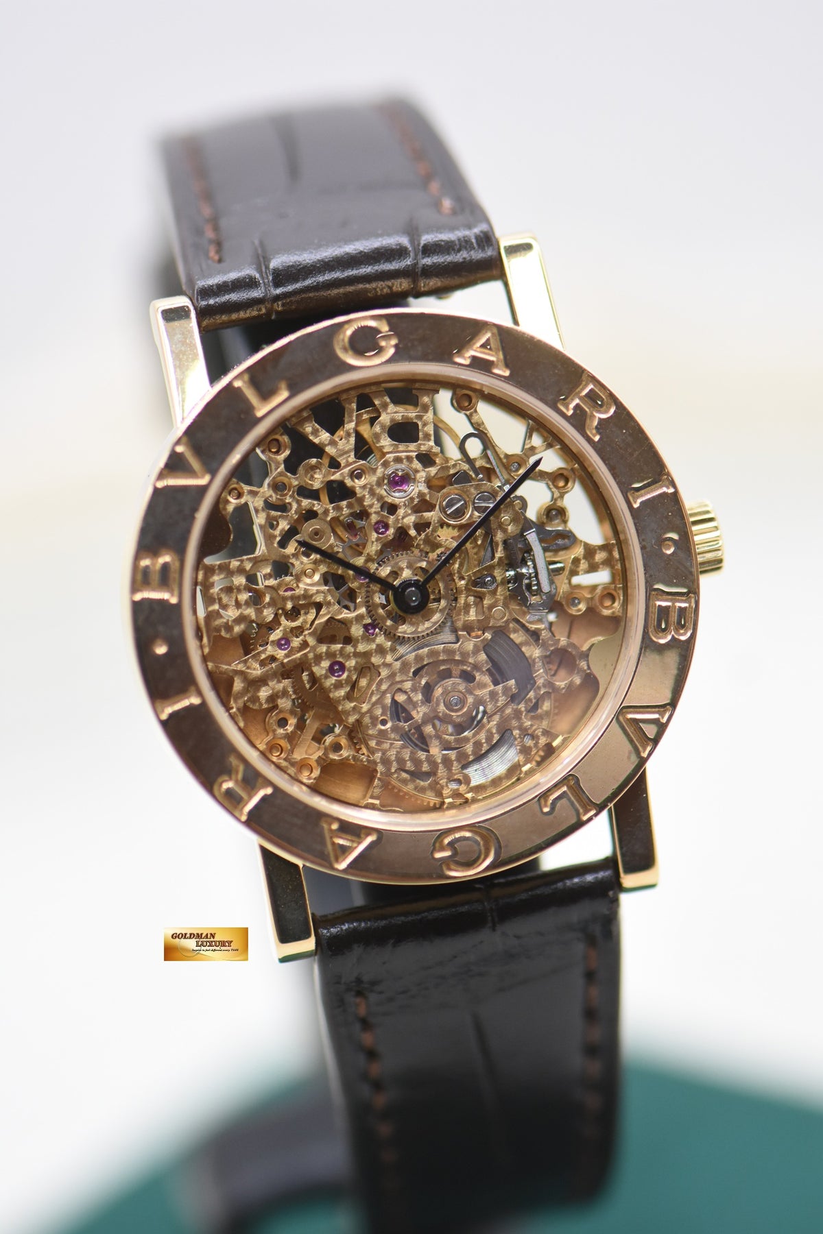 BVLGARI BVLGARI SQUELETTE SKELETON DIAL YELLOW GOLD IN LEATHER AUTOMATIC BB33GLSKP (MINT)