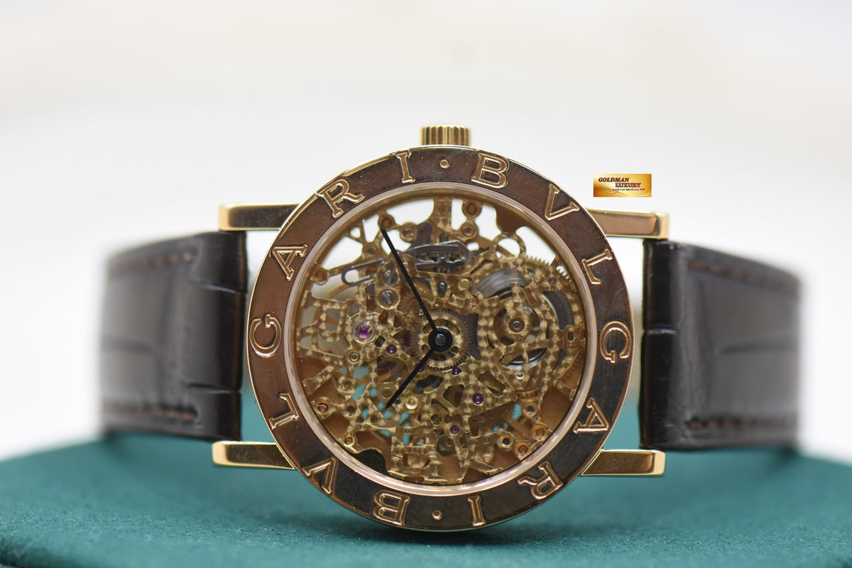 BVLGARI BVLGARI SQUELETTE SKELETON DIAL YELLOW GOLD IN LEATHER AUTOMATIC BB33GLSKP (MINT)