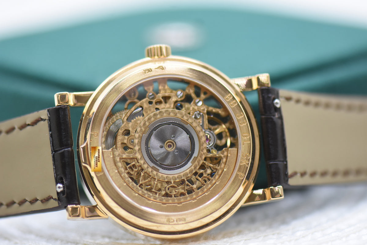 BVLGARI BVLGARI SQUELETTE SKELETON DIAL YELLOW GOLD IN LEATHER AUTOMATIC BB33GLSKP (MINT)
