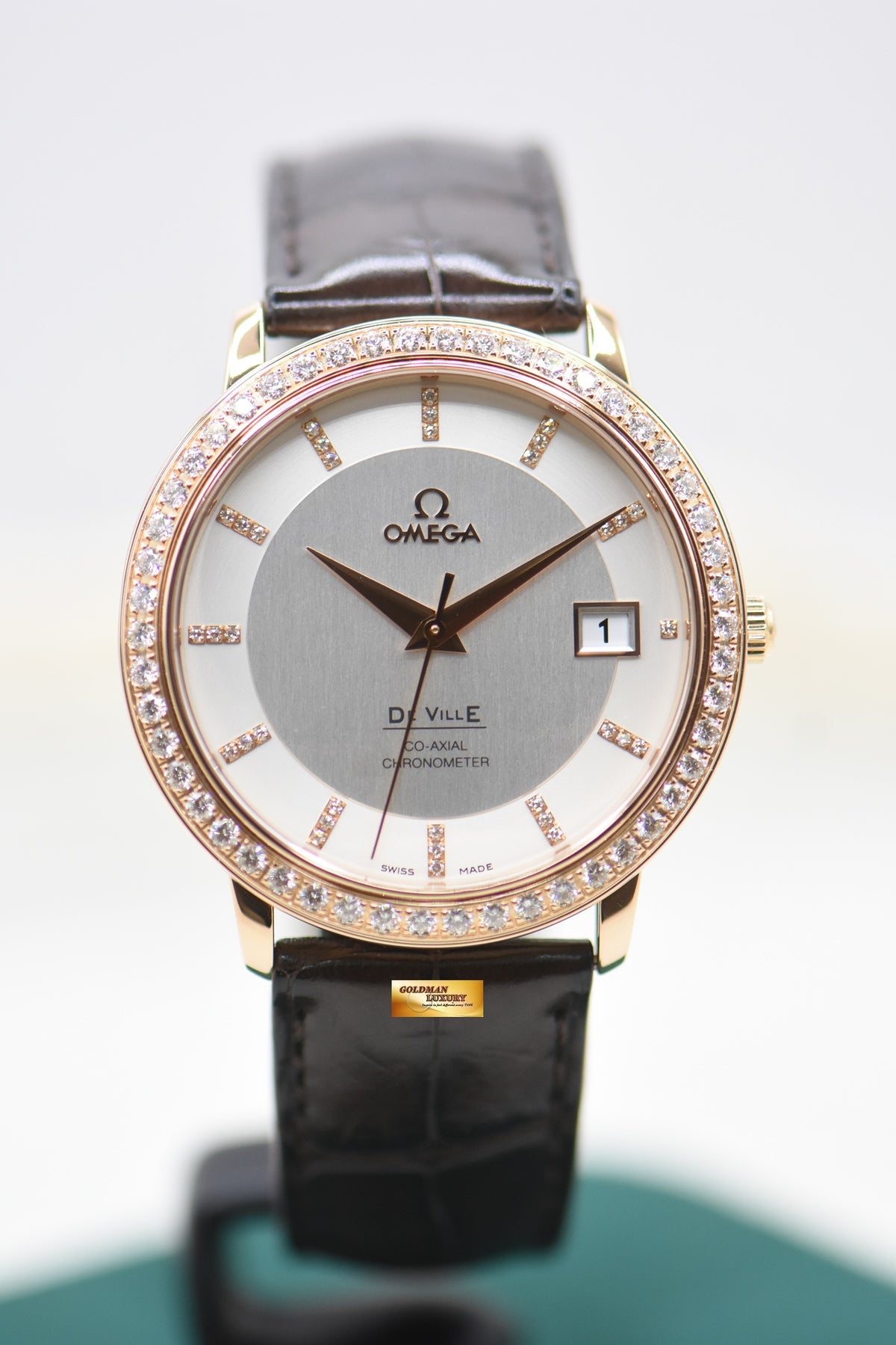 OMEGA DE VILLE PRESTIGE 36.5mm RED GOLD IN LEATHER DIAMOND BEZEL AUTOMATIC 413.58.37.20.52.001 (MINT)