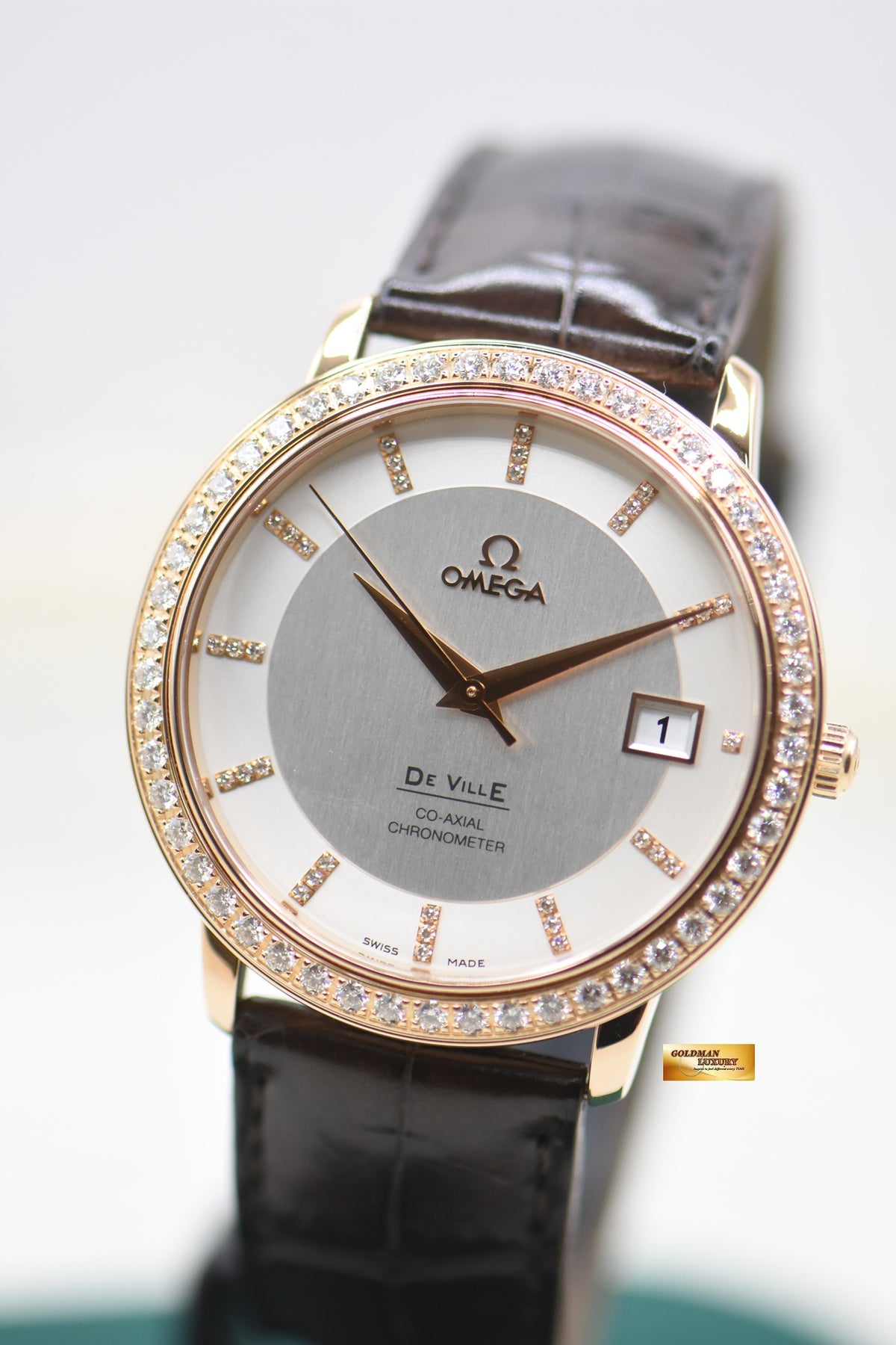 OMEGA DE VILLE PRESTIGE 36.5mm RED GOLD IN LEATHER DIAMOND BEZEL AUTOMATIC 413.58.37.20.52.001 (MINT)