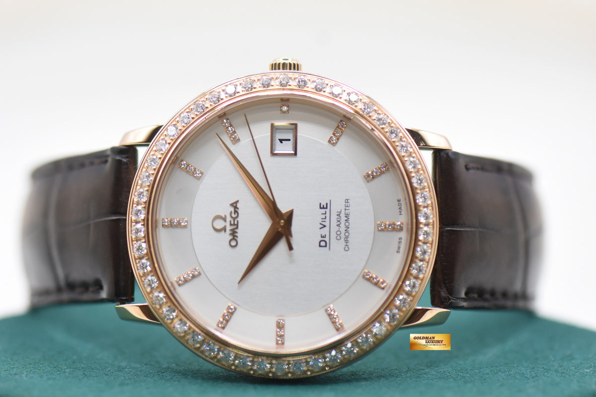 OMEGA DE VILLE PRESTIGE 36.5mm RED GOLD IN LEATHER DIAMOND BEZEL AUTOMATIC 413.58.37.20.52.001 (MINT)