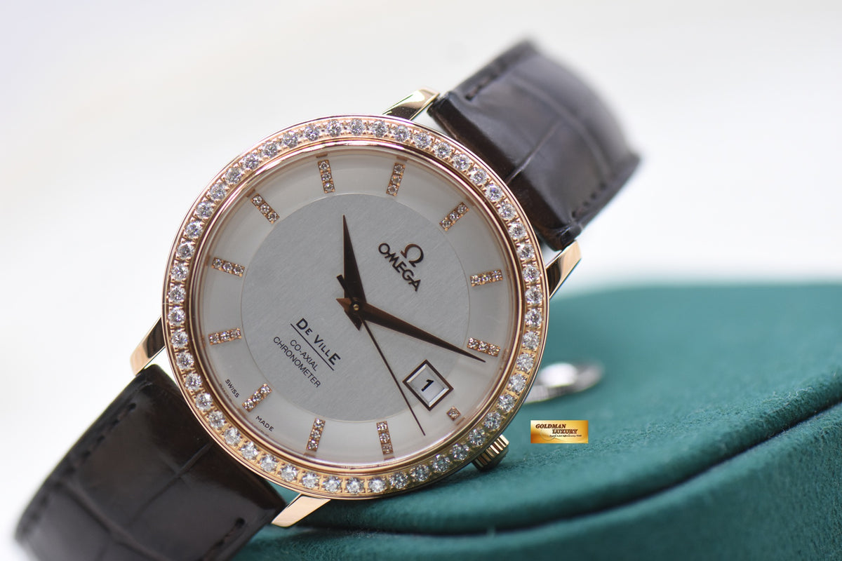 OMEGA DE VILLE PRESTIGE 36.5mm RED GOLD IN LEATHER DIAMOND BEZEL AUTOMATIC 413.58.37.20.52.001 (MINT)