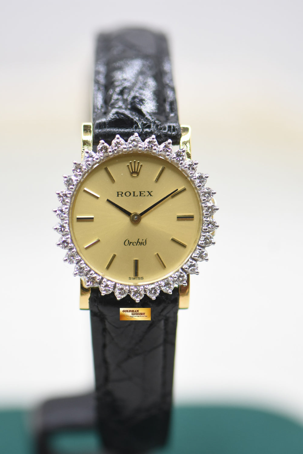 ROLEX ORCHID LADIES 27mm YELLOW GOLD CUSTOM DIAMOND BEZEL MANUAL (VINTAGE)