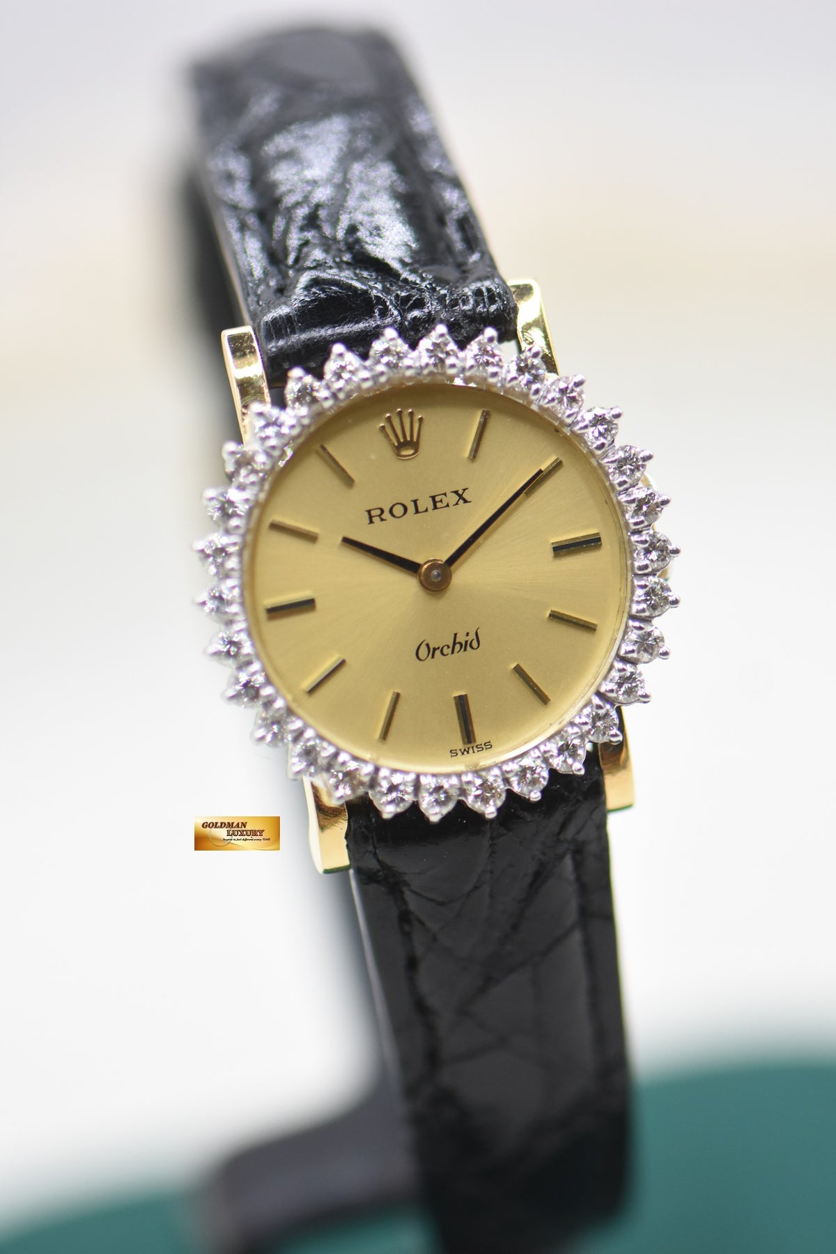 ROLEX ORCHID LADIES 27mm YELLOW GOLD CUSTOM DIAMOND BEZEL MANUAL (VINTAGE)