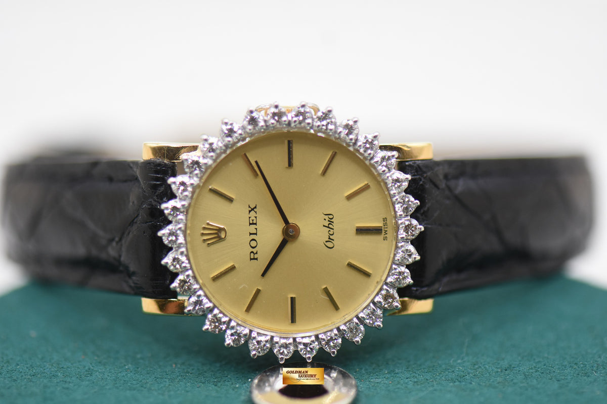 ROLEX ORCHID LADIES 27mm YELLOW GOLD CUSTOM DIAMOND BEZEL MANUAL (VINTAGE)