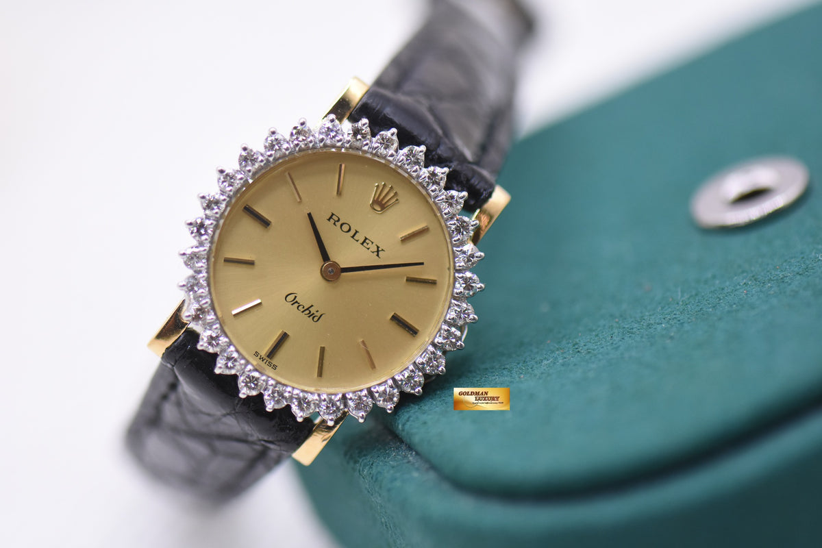 ROLEX ORCHID LADIES 27mm YELLOW GOLD CUSTOM DIAMOND BEZEL MANUAL (VINTAGE)