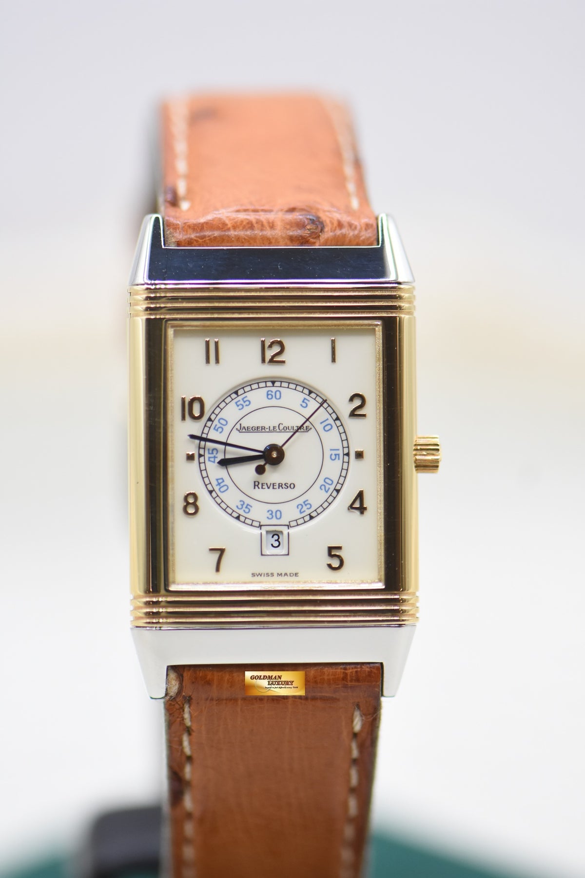 JLC REVERSO MEDIUM 23mm HALF GOLD IN LEATHER STRAP QUARTZ 250.5.11 (MINT)