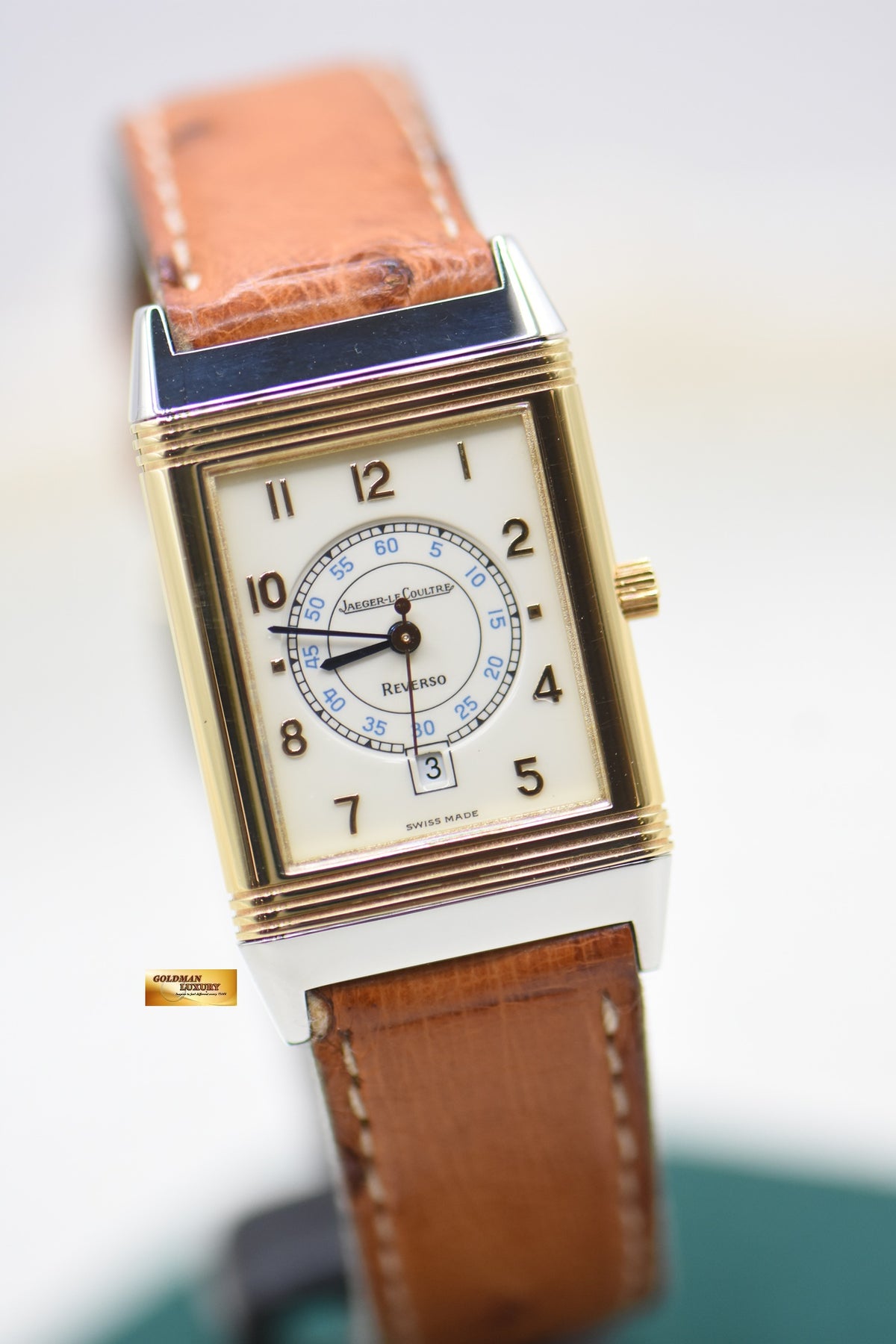 JLC REVERSO MEDIUM 23mm HALF GOLD IN LEATHER STRAP QUARTZ 250.5.11 (MINT)