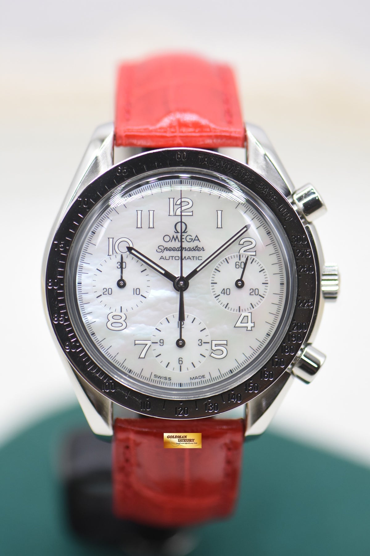OMEGA SPEEDMASTER CHRONOGRAPH REDUCED 38mm STEEL IN RED LEATHER MOP DIAL 3802.70.56 (MINT)