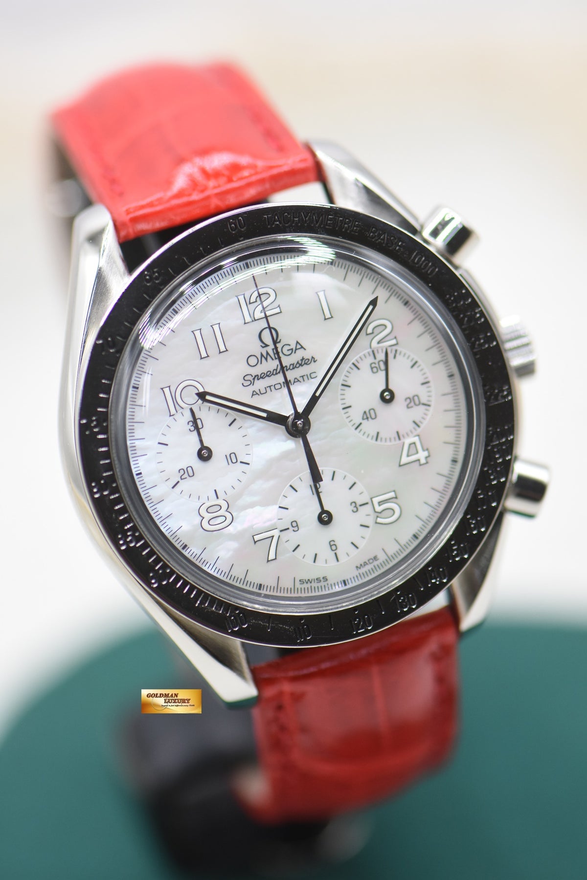 OMEGA SPEEDMASTER CHRONOGRAPH REDUCED 38mm STEEL IN RED LEATHER MOP DIAL 3802.70.56 (MINT)