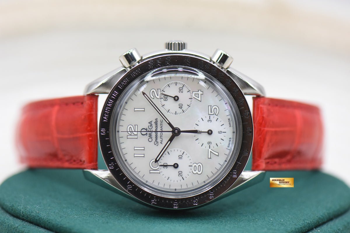 OMEGA SPEEDMASTER CHRONOGRAPH REDUCED 38mm STEEL IN RED LEATHER MOP DIAL 3802.70.56 (MINT)