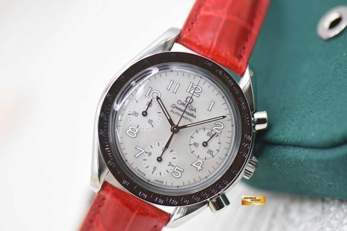 OMEGA SPEEDMASTER CHRONOGRAPH REDUCED 38mm STEEL IN RED LEATHER MOP DIAL 3802.70.56 (MINT)