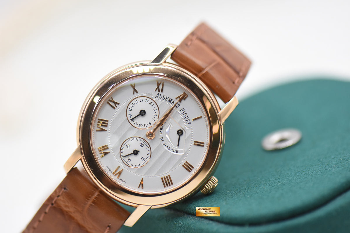 AP JULES AUDEMARS POWER RESERVE 36mm ROSE GOLD IN LEATHER STRAP MANUAL 25955OR (MINT)