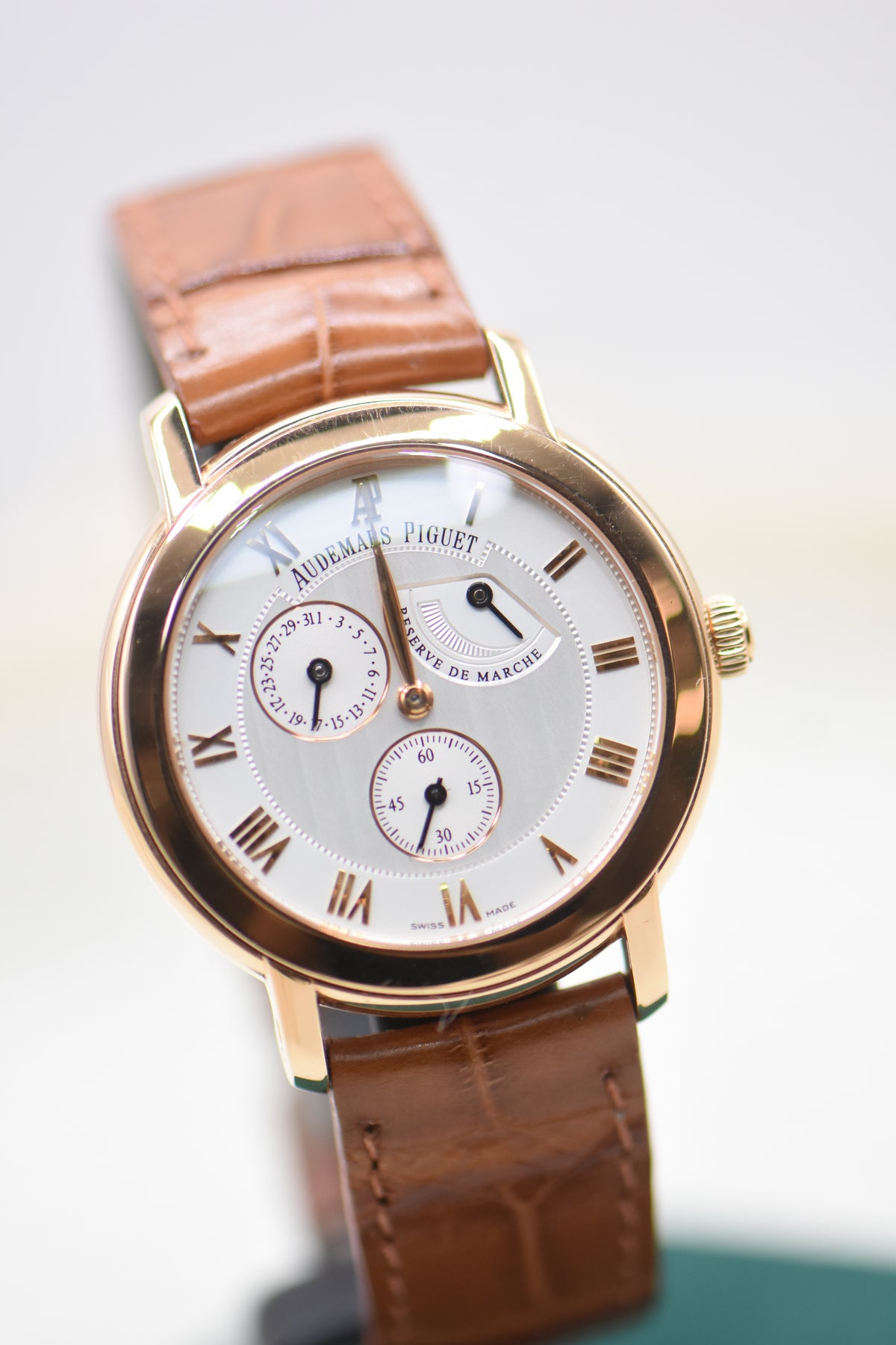 AP JULES AUDEMARS POWER RESERVE 36mm ROSE GOLD IN LEATHER STRAP MANUAL 25955OR (MINT)