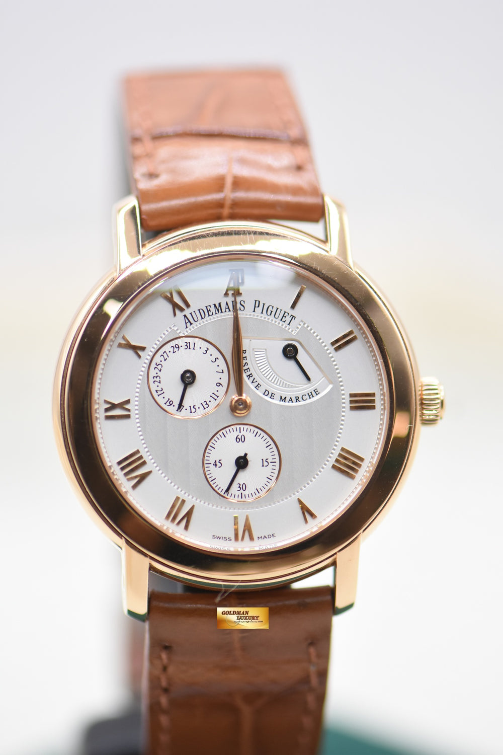 AP JULES AUDEMARS POWER RESERVE 36mm ROSE GOLD IN LEATHER STRAP MANUAL 25955OR (MINT)