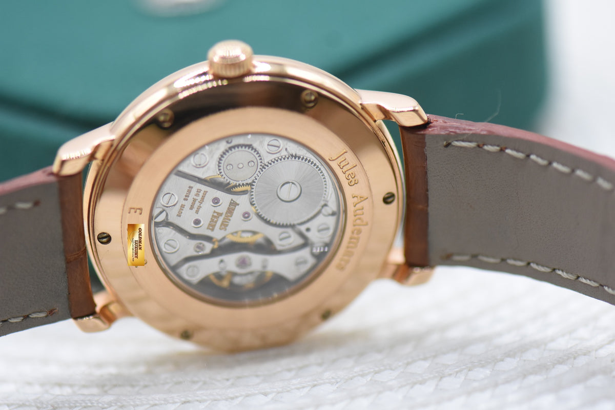 AP JULES AUDEMARS POWER RESERVE 36mm ROSE GOLD IN LEATHER STRAP MANUAL 25955OR (MINT)