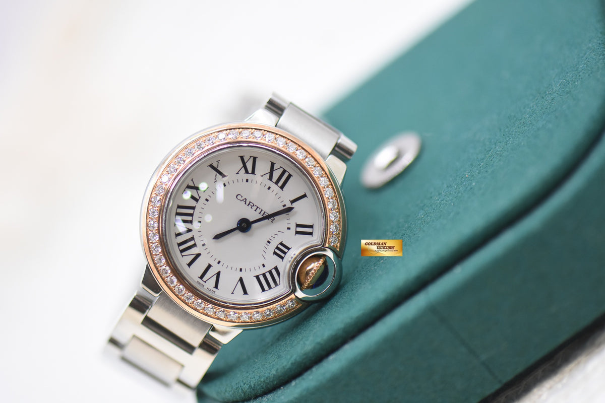 CARTIER BALLON BLEU 28mm STEEL BRACELET DIAMOND BEZEL QUARTZ WE902079 (MINT)