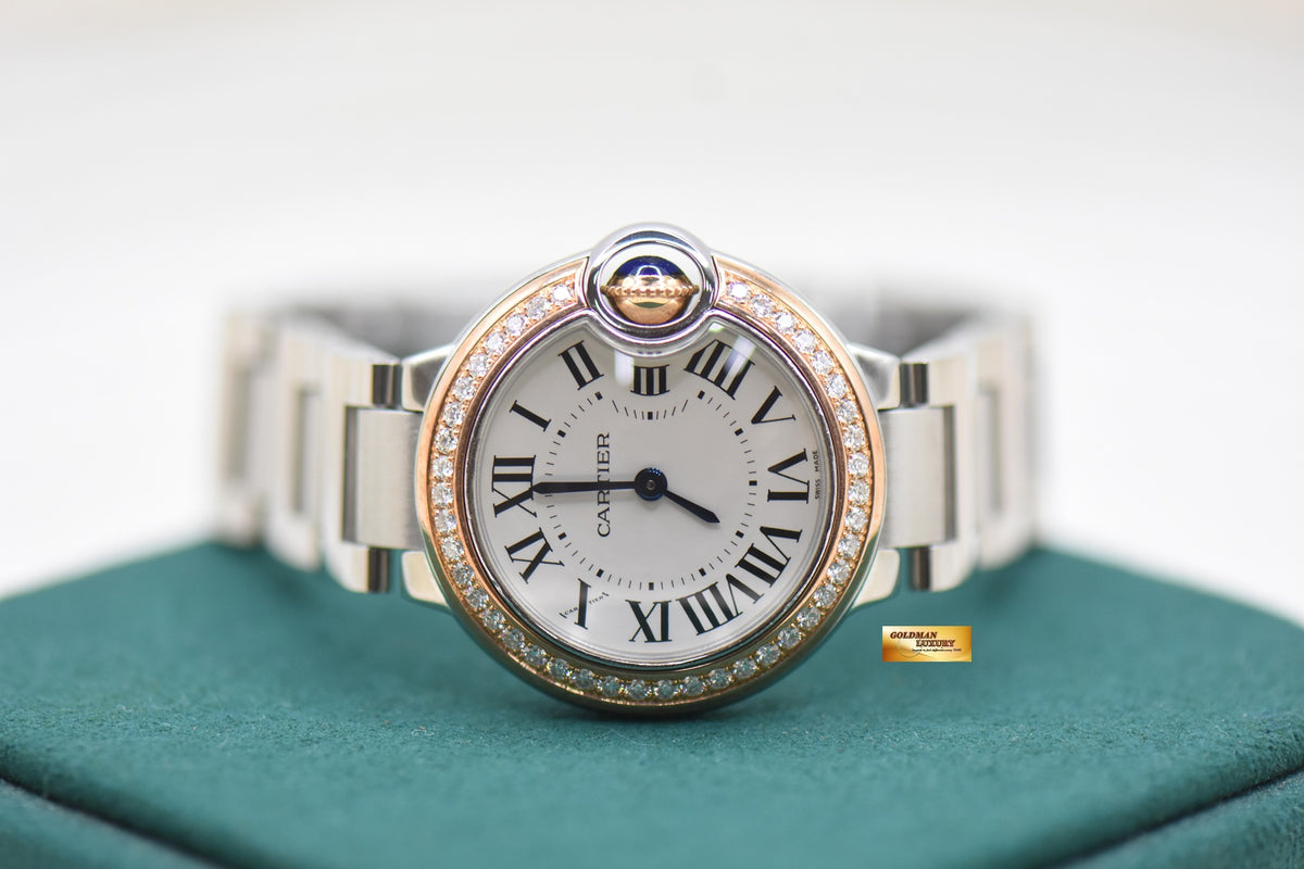 CARTIER BALLON BLEU 28mm STEEL BRACELET DIAMOND BEZEL QUARTZ WE902079 (MINT)