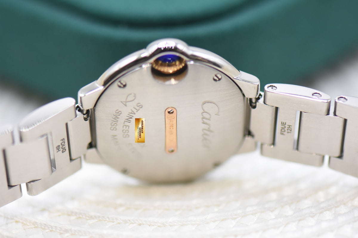 CARTIER BALLON BLEU 28mm STEEL BRACELET DIAMOND BEZEL QUARTZ WE902079 (MINT)
