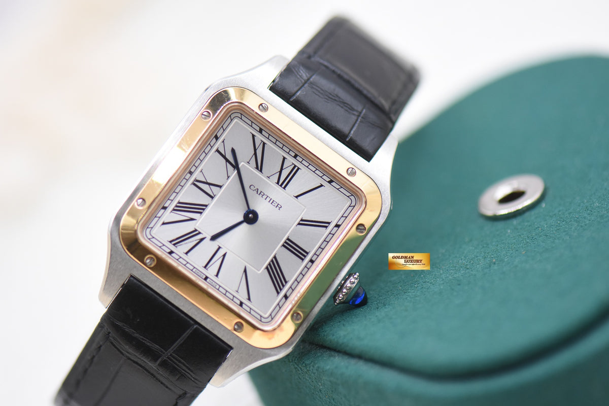 CARTIER SANTOS DUMONT LARGE HALF-GOLD  IN LEATHER STRAP QUARTZ W2SA0037 (MINT)