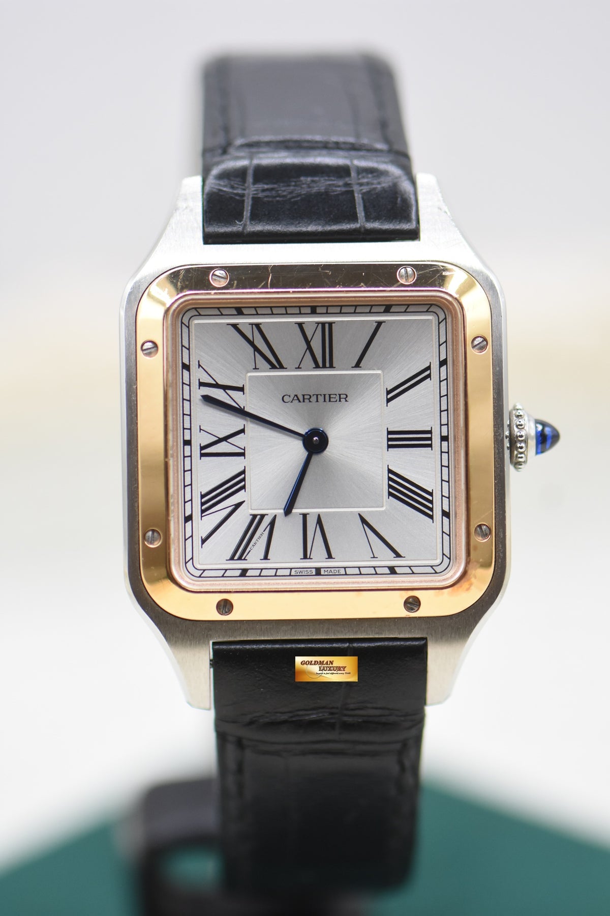 CARTIER SANTOS DUMONT LARGE HALF-GOLD  IN LEATHER STRAP QUARTZ W2SA0037 (MINT)