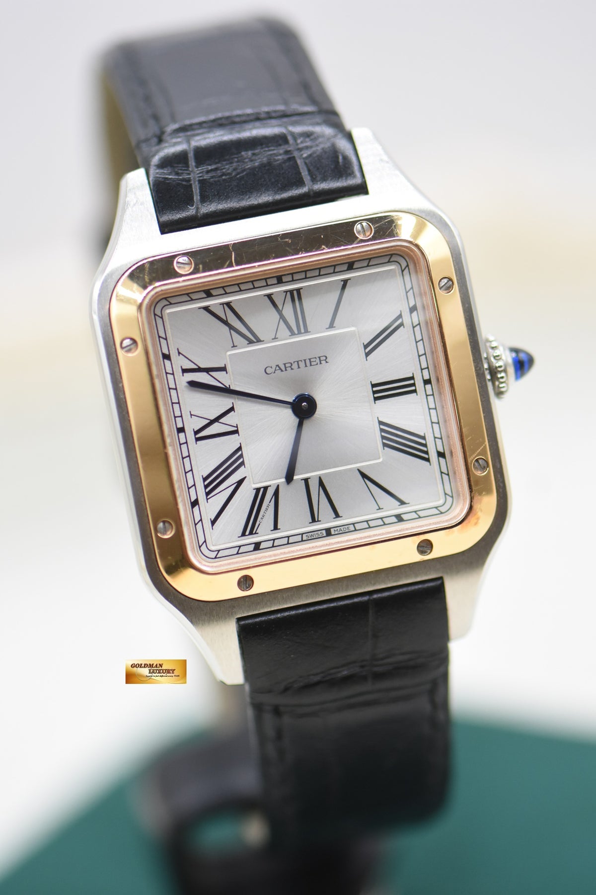 CARTIER SANTOS DUMONT LARGE HALF-GOLD  IN LEATHER STRAP QUARTZ W2SA0037 (MINT)