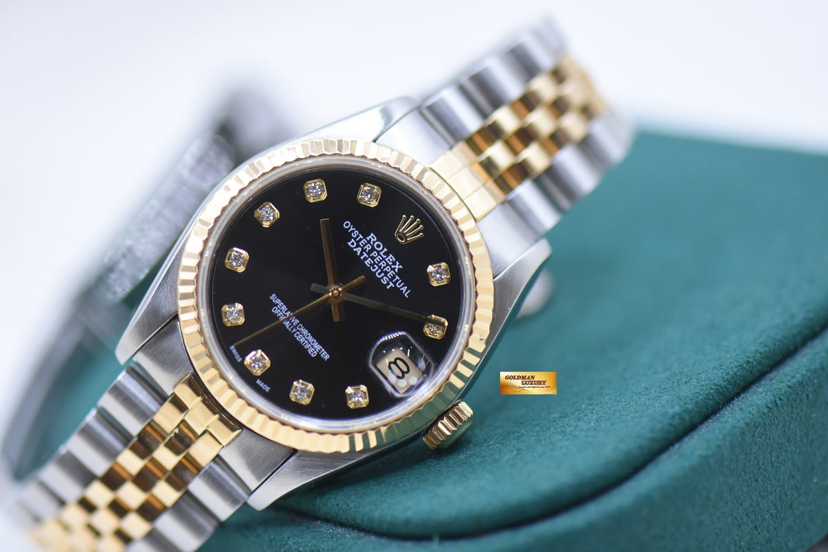 ROLEX OYSTER DATEJUST 31mm HALF-GOLD IN JUBILEE BRACELET BLACK CUSTOM DIAMOND DIAL 68273 (MINT)