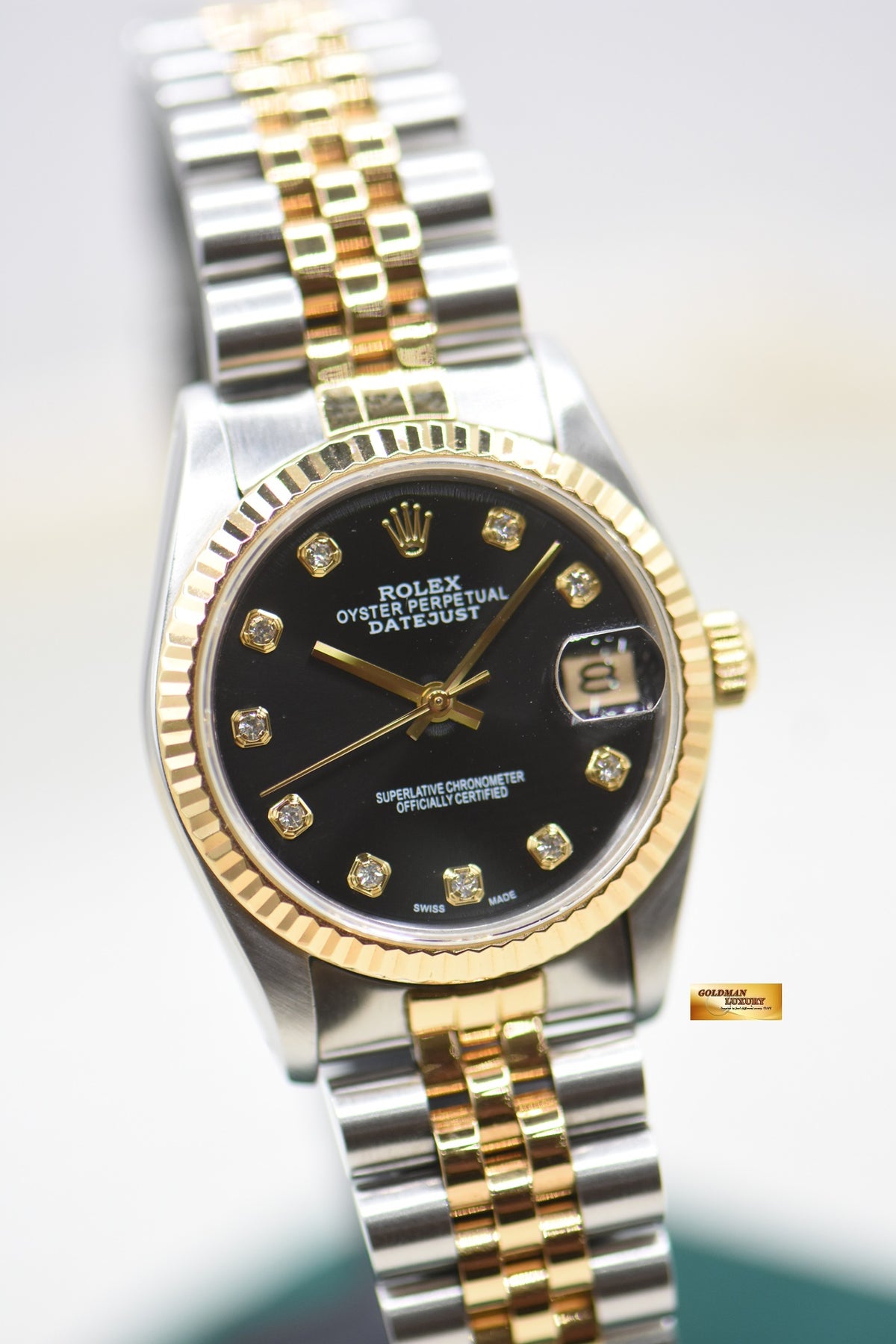 ROLEX OYSTER DATEJUST 31mm HALF-GOLD IN JUBILEE BRACELET BLACK CUSTOM DIAMOND DIAL 68273 (MINT)