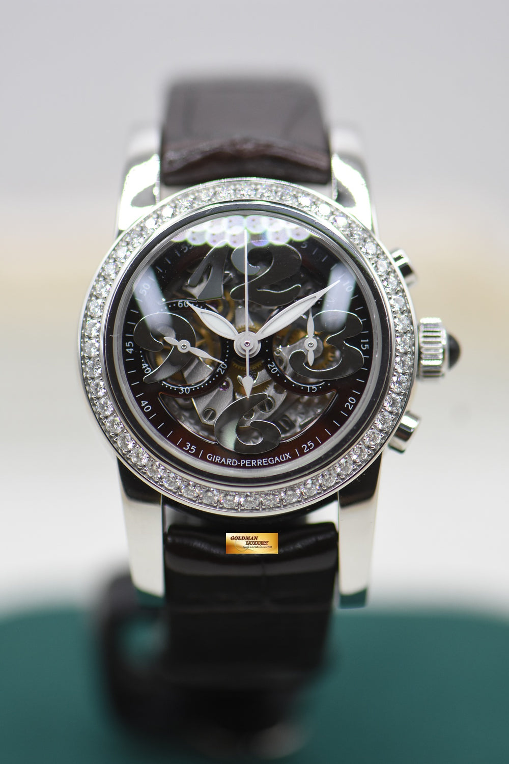 GIRARD PERREGAUX LADY SMALL CHRONOGRAPH STEEL DIAMOND BEZEL SKELETONISED DIAL AUTOMATIC 80440 (MINT)