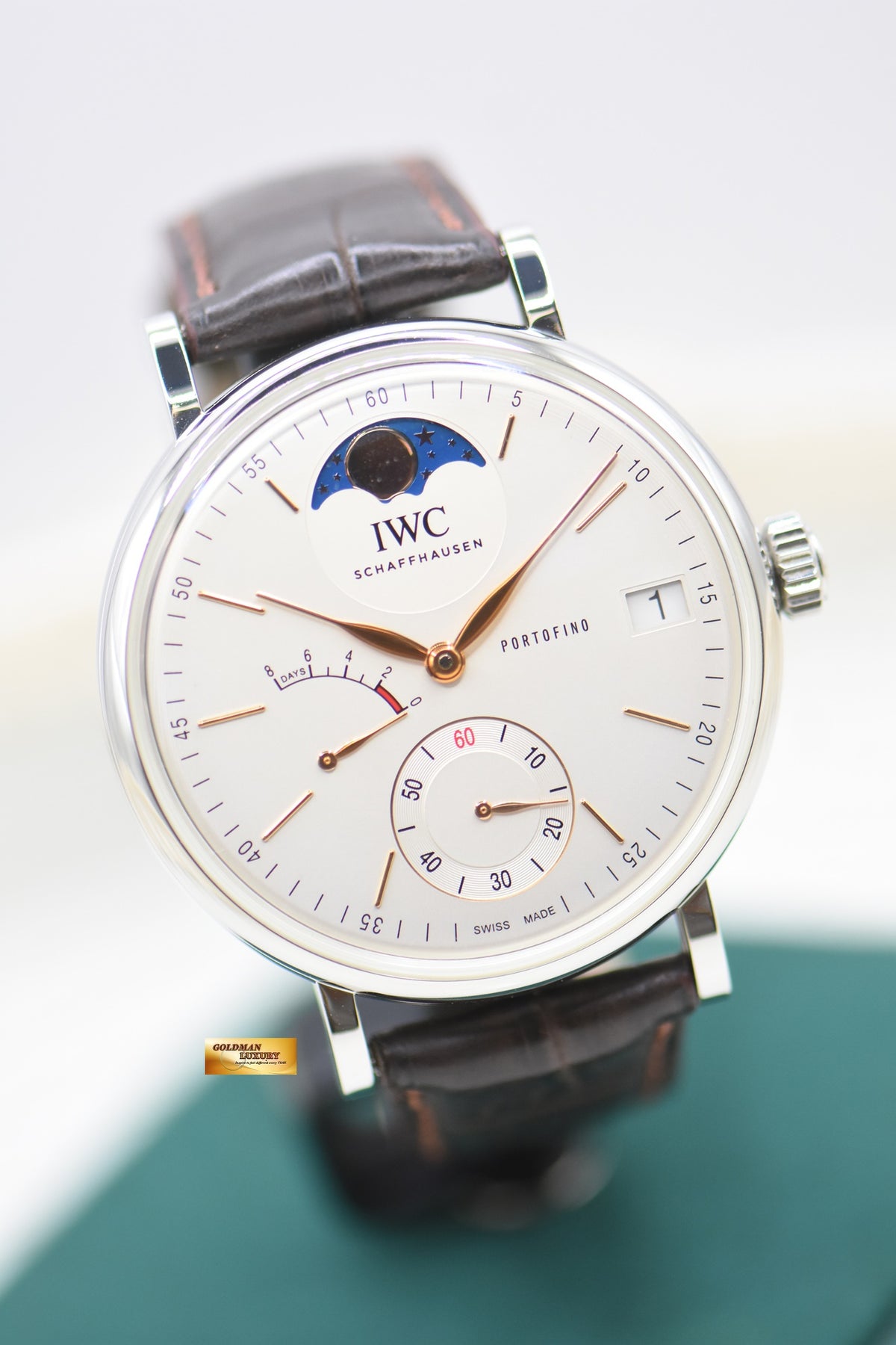 IWC PORTOFINO 45mm 8 DAYS POWER RESERVE MOONPHASE MANUAL WINDING WHITE DIAL IW516401 (MINT)