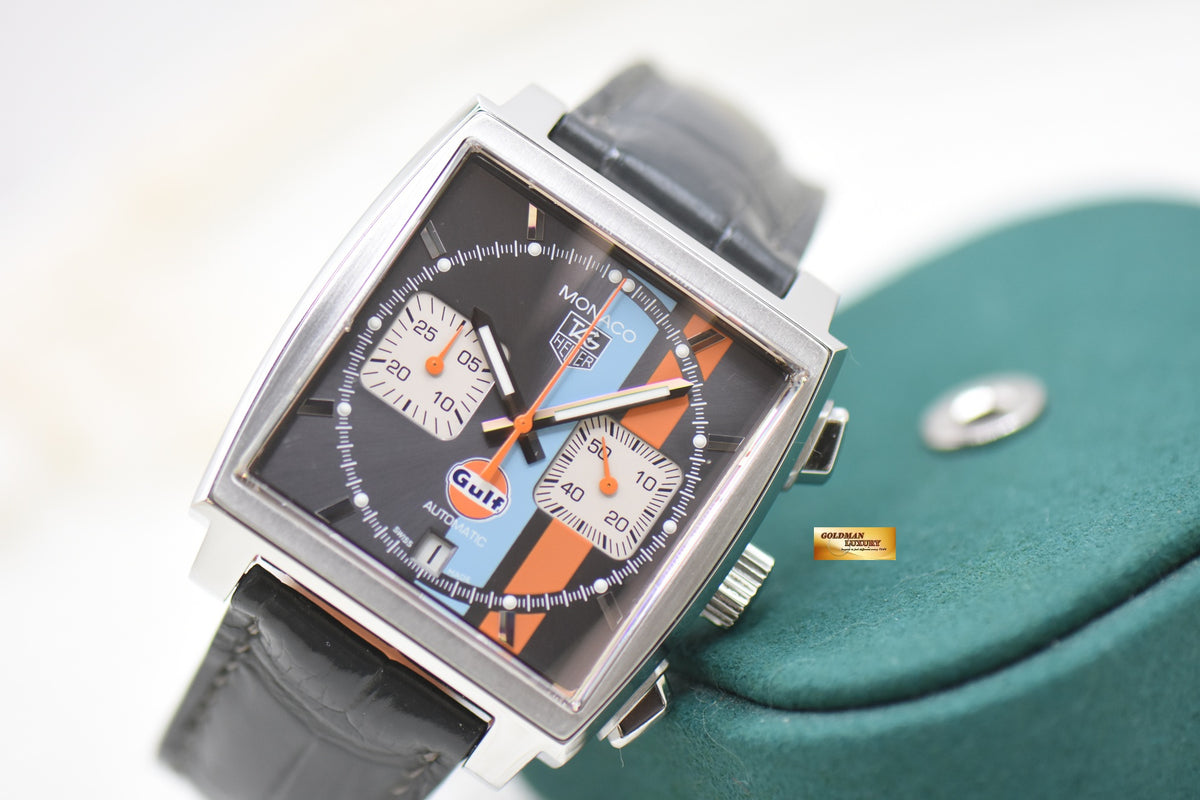 TAG HEUER MONACO VINTAGE GULF “STEVE MCQUEEN” CHRONOGRAPH STEEL IN LEATHER STRAP LIMITED EDITION OF 2500PCS AUTOMATIC CAW2113 (MINT)