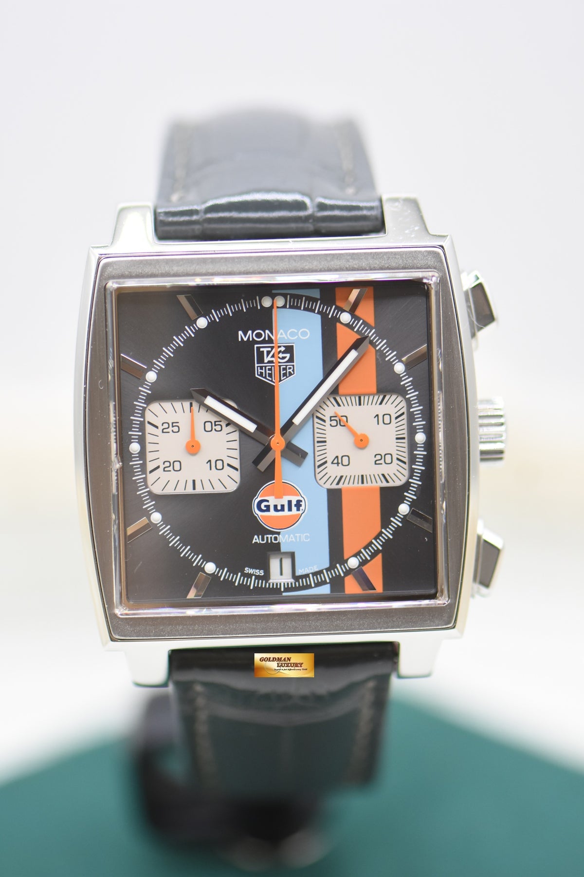 TAG HEUER MONACO VINTAGE GULF “STEVE MCQUEEN” CHRONOGRAPH STEEL IN LEATHER STRAP LIMITED EDITION OF 2500PCS AUTOMATIC CAW2113 (MINT)