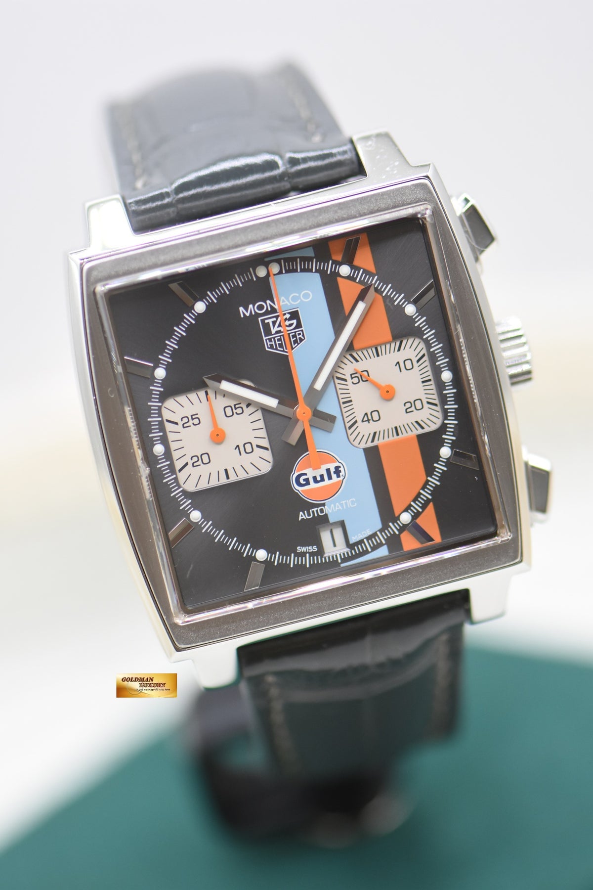 TAG HEUER MONACO VINTAGE GULF “STEVE MCQUEEN” CHRONOGRAPH STEEL IN LEATHER STRAP LIMITED EDITION OF 2500PCS AUTOMATIC CAW2113 (MINT)
