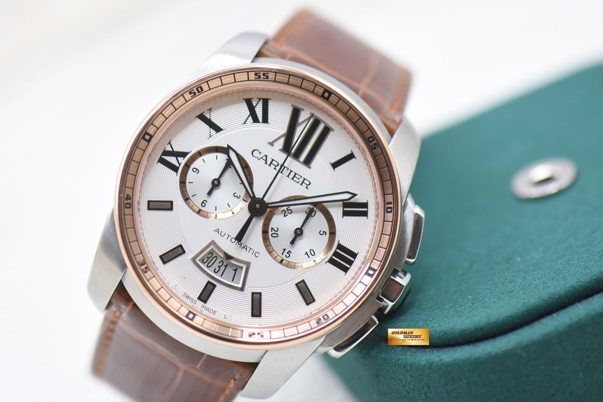 CARTIER CALIBRE De CARTIER CHRONOGRAPH HALF-GOLD IN LEATHER STRAP 42mm AUTOMATIC W7100043 (MINT)