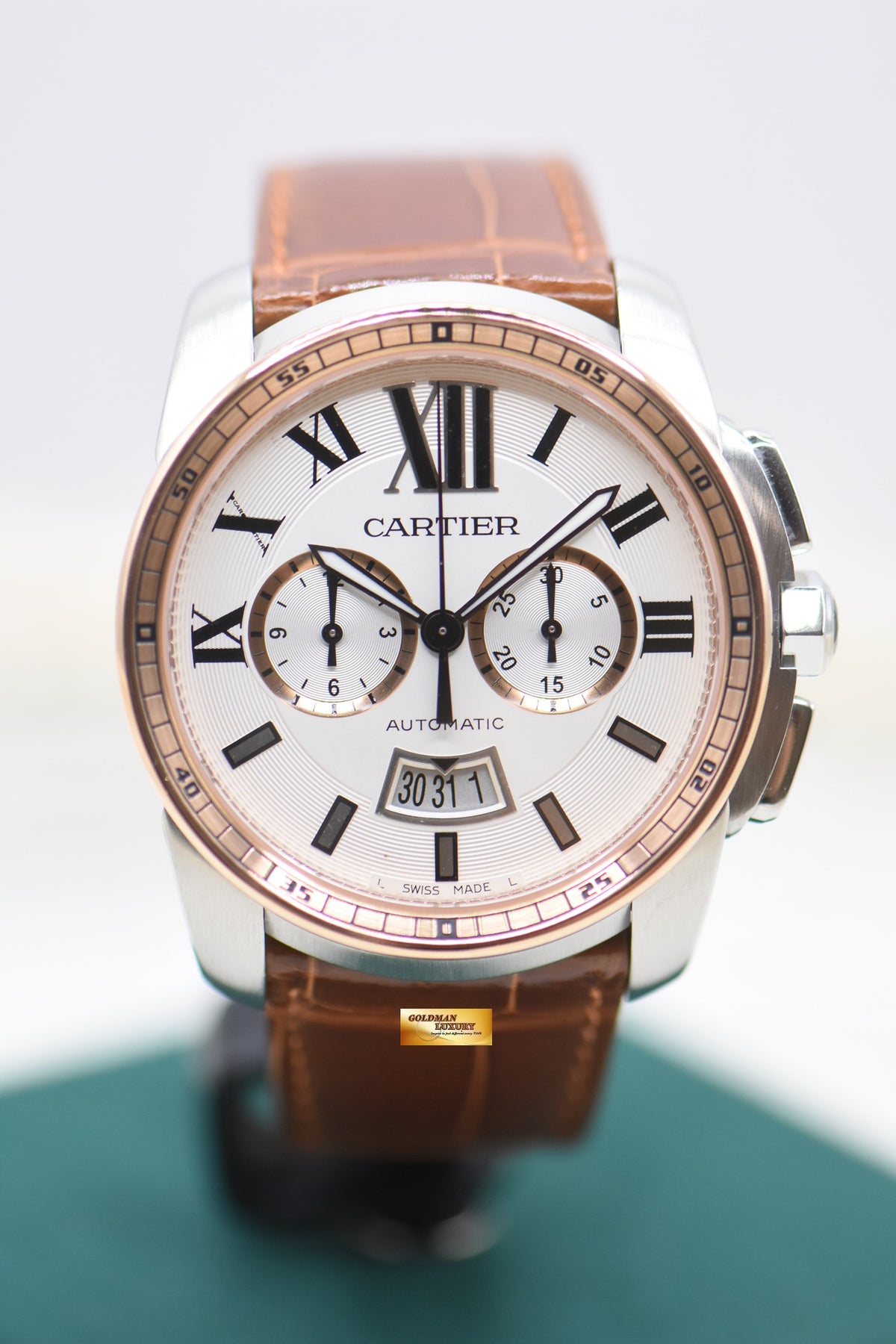 CARTIER CALIBRE De CARTIER CHRONOGRAPH HALF-GOLD IN LEATHER STRAP 42mm AUTOMATIC W7100043 (MINT)