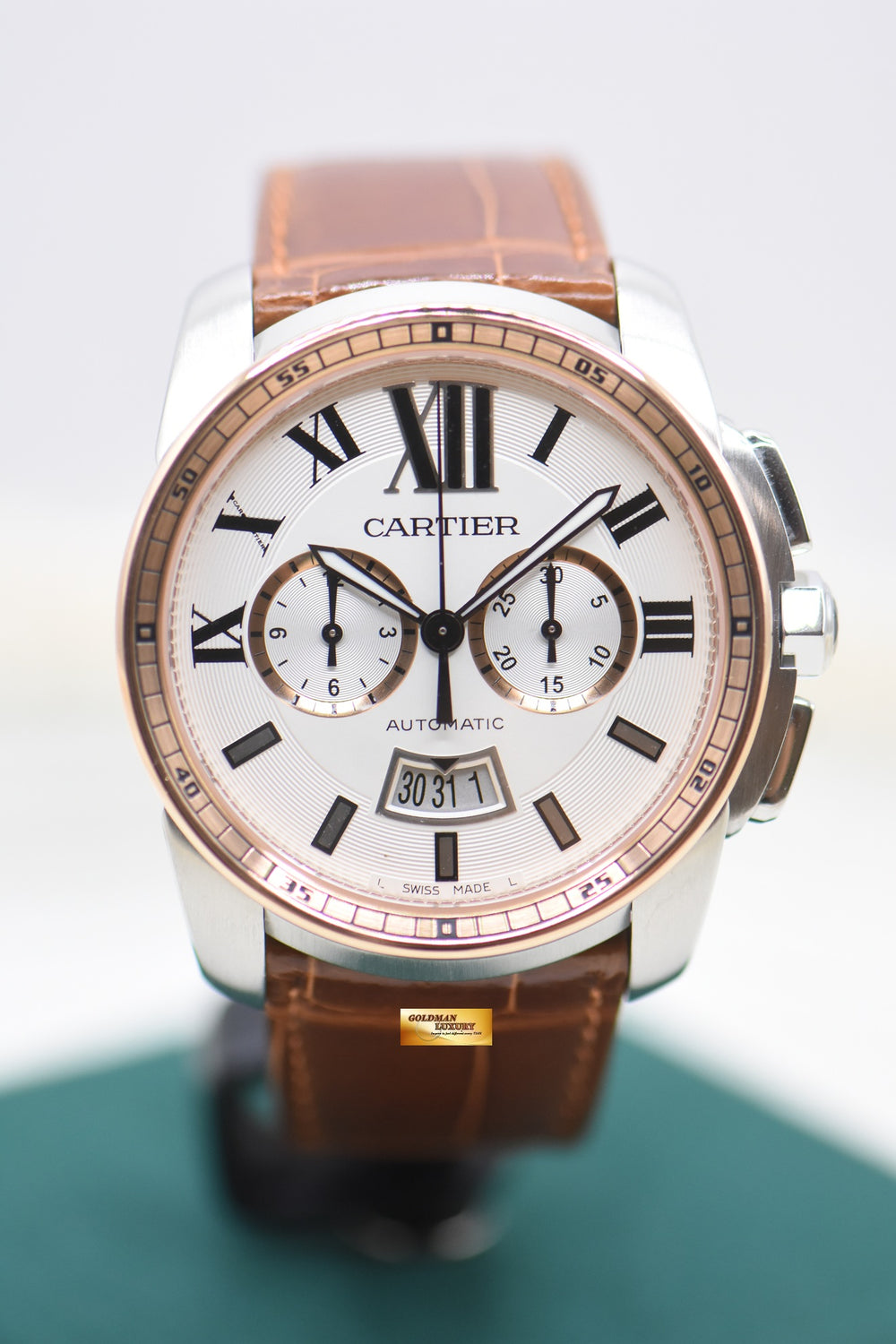 CARTIER CALIBRE De CARTIER CHRONOGRAPH HALF-GOLD IN LEATHER STRAP 42mm AUTOMATIC W7100043 (MINT)