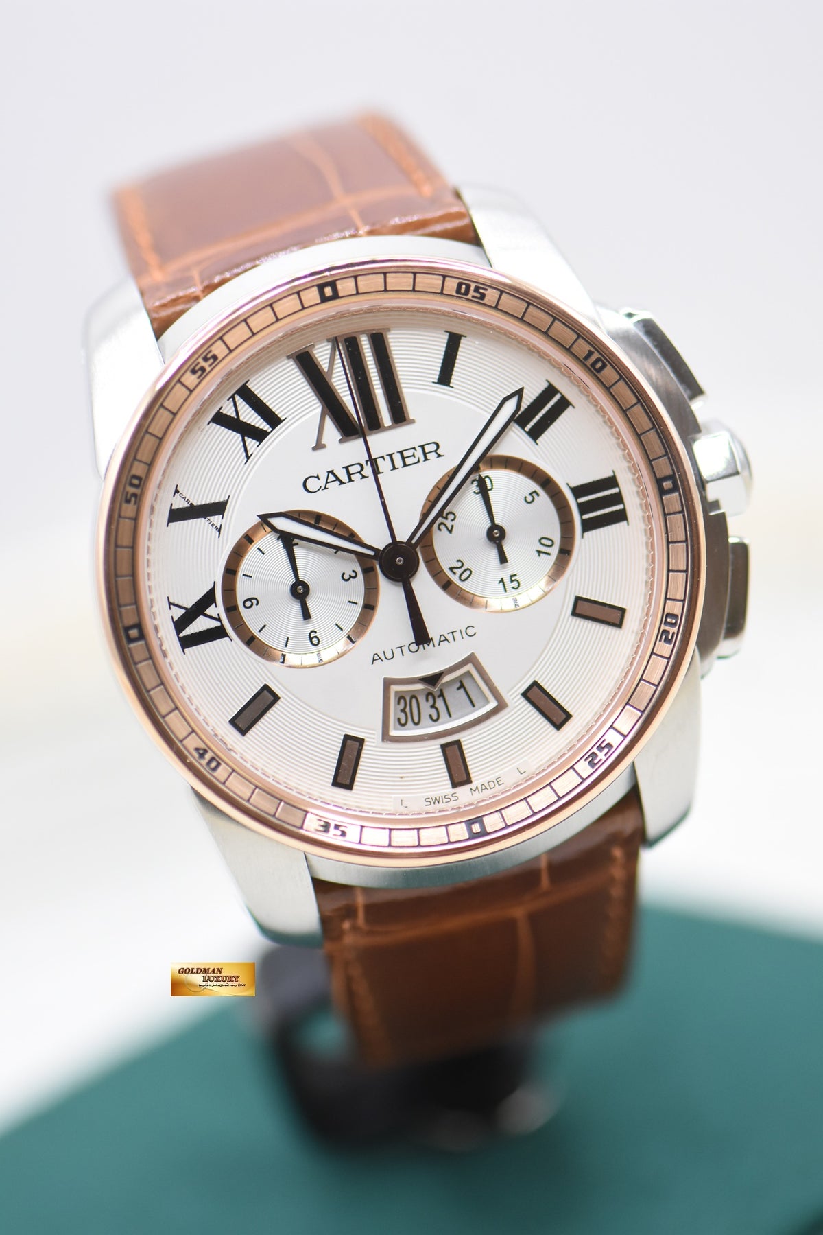 CARTIER CALIBRE De CARTIER CHRONOGRAPH HALF-GOLD IN LEATHER STRAP 42mm AUTOMATIC W7100043 (MINT)